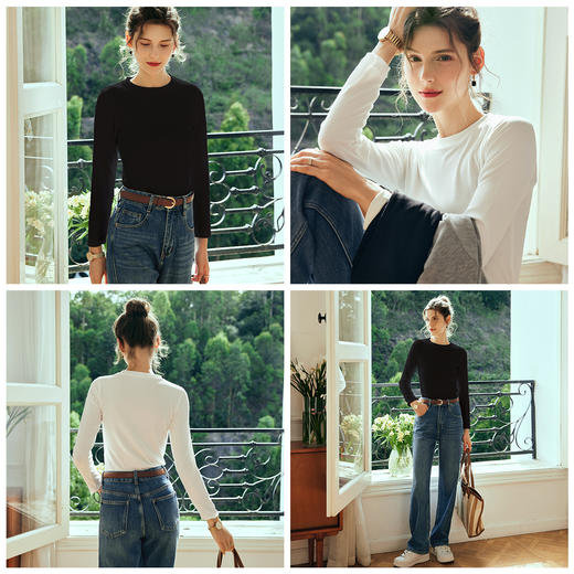 欧芮儿法式长袖打底衫女白色t恤2025秋新款圆领修身内搭上衣外穿 商品图2