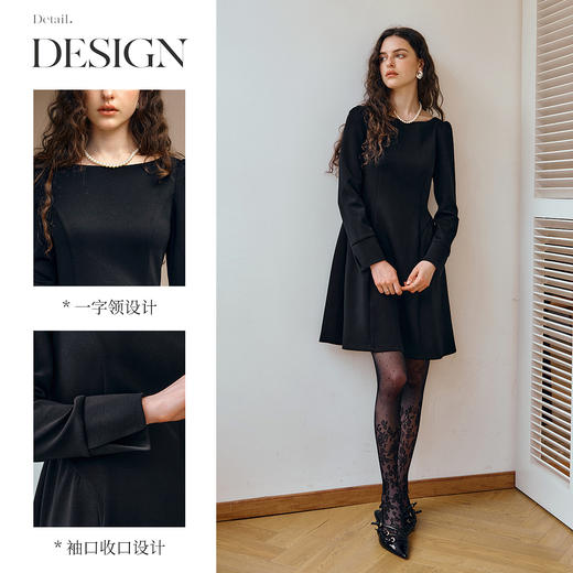 OLrain欧芮儿黑色一字领收腰显瘦赫本风秋季2025新款高级感连衣裙 商品图1