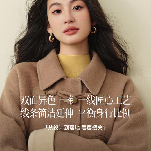【严选】诗凡黎绵羊毛牛角扣小翻领毛呢外套2025秋新款学院风双面呢大衣女7G9170321 商品图2