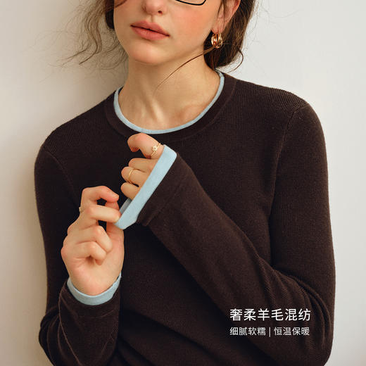 OLrain欧芮儿2025新款女秋季圆领拼接假两件毛针织套头衫长袖上衣 商品图2