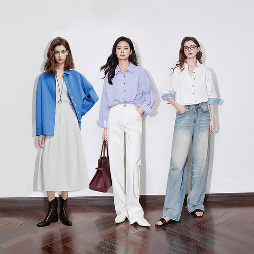 初语条纹翻袖衬衫女时装感上班通勤上衣高级感气质纯棉衬衣 商品图4