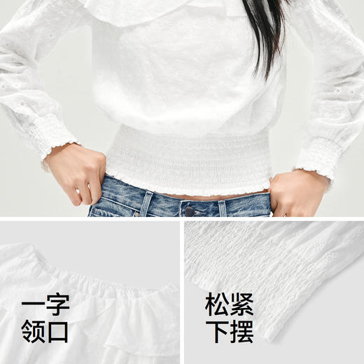 森马长袖衬衫女短款白色绣花浪漫秋2025新款荷叶边一字肩衬衣温柔 商品图3