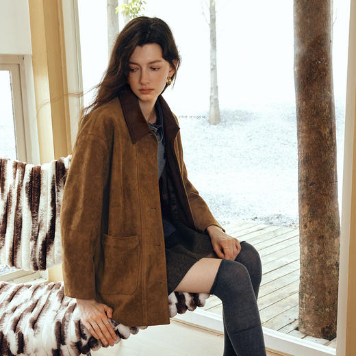 OLrain欧芮儿2025新款女秋季撞色翻领设计感宽松休闲仿麂皮绒外套 商品图2