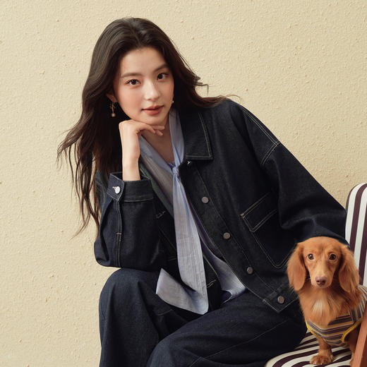 【严选】诗凡黎天丝棉甜酷风牛仔短外套2025秋新款宽松简约百搭休闲夹克女7G8510511 商品图0
