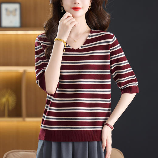 CC 5-6515秋装短袖针织衫显瘦遮肉V领上衣条纹洋气 商品图3