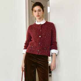 OLrain欧芮儿红色小香风毛织开衫女秋季2025新款针织小外套羊毛衫