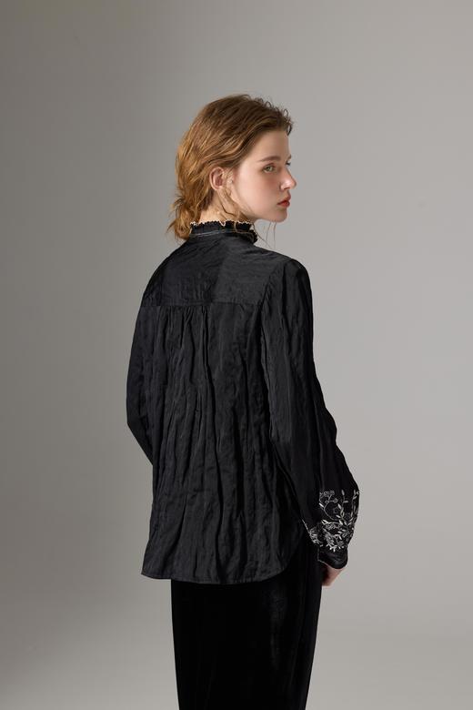 Renlisu 25AW 石墨黑真丝刺绣立领衬衫 商品图2