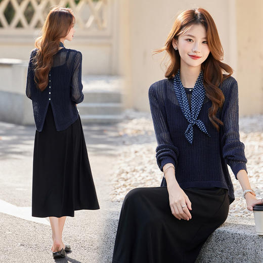 HR ABS25132通勤风连衣裙衬衫马甲中长款裙两件套 配围巾 商品图1