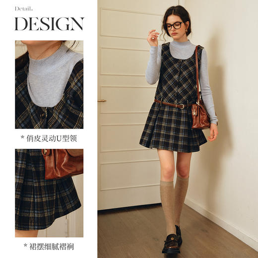 OLrain欧芮儿2025新款女秋季复古格子小个子拼接百褶背心连衣裙 商品图1