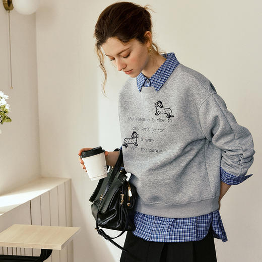 OLrain欧芮儿美式休闲刺绣上衣女秋季2025新款花灰色圆领套头卫衣 商品图0