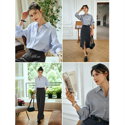 OLrain欧芮儿法式竖条纹衬衫女秋季2025新款长袖蓝色衬衣气质上衣 商品图3
