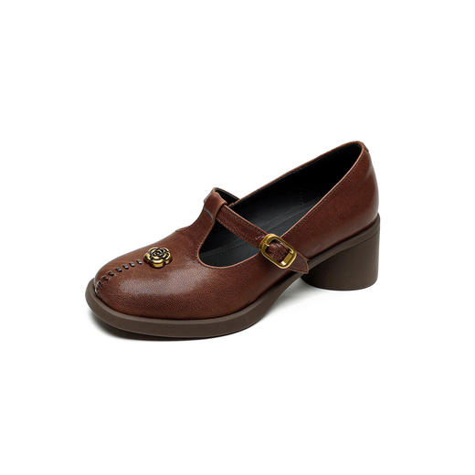 OLD 1309复古风真皮圆头厚底粗跟单鞋时尚山茶花玛丽珍鞋 商品图4