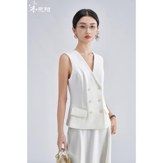 米思阳2026春季老钱风极简双排扣无袖马甲修身显瘦白色外套女4340 商品图0