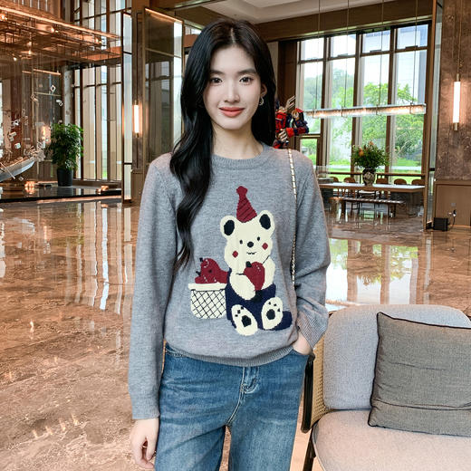 奢姿大码女装2025秋装新款胖妹妹小熊图案圆领套头毛衣时尚上衣9653635193 商品图4