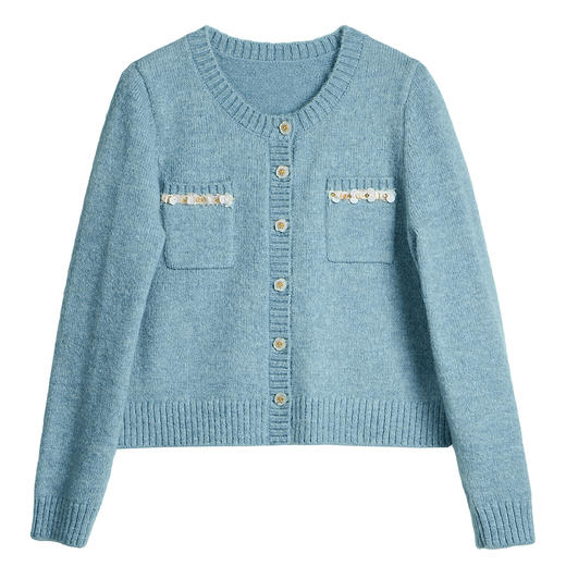 OLrain欧芮儿2025新款女秋季法式小香风蓝色毛织开衫圆领羊毛上衣 商品图3