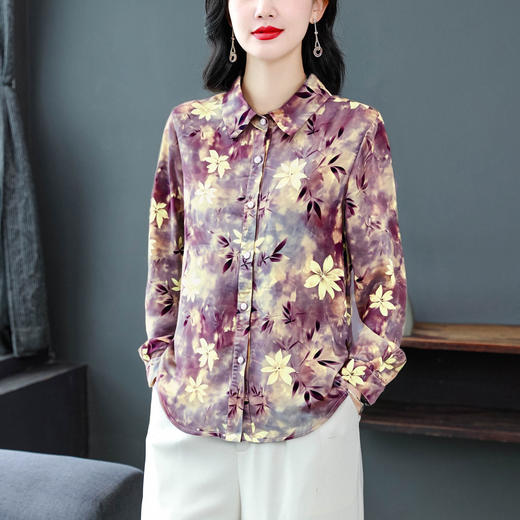KQL E333M3291妈妈印花衬衫减龄大码长袖遮肉宽松洋气上衣 商品图1