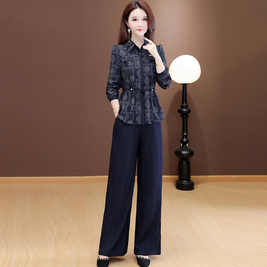 QYM 25A15-Y时尚两件套装刺绣衬衫+直筒阔腿裤套装 商品图0