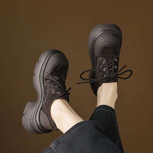 【预售5天】羊翻皮拼接牛皮暴走厚底单鞋复古系带粗跟乐福鞋高跟鞋AD&298-684 商品图2