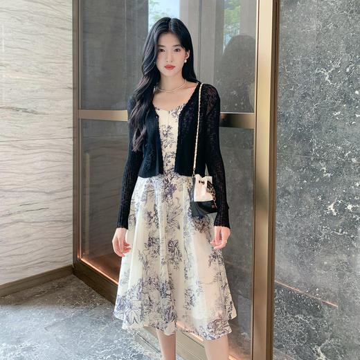 奢姿大码女装2025秋装新款胖妹妹镂空针织衫吊带小V领套装连衣裙9953953225AB 商品图4