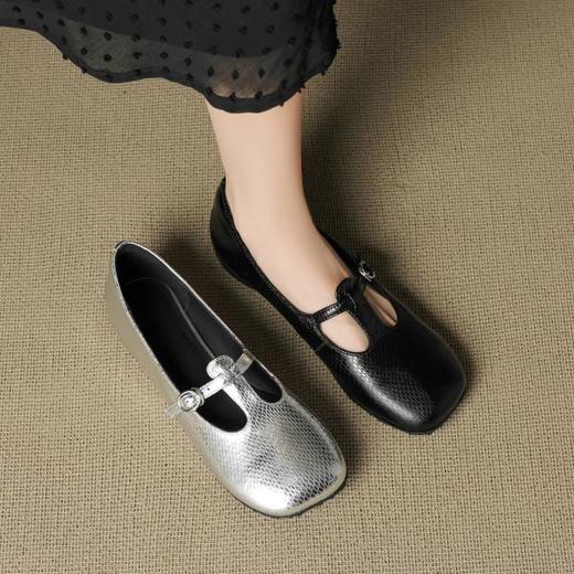 OLD 1312法式真皮小银鞋斜方头气质丁字带玛丽珍鞋浅口个性时装单鞋 商品图0