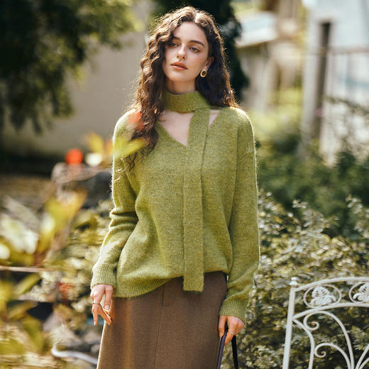 OLrain欧芮儿法式慵懒感V领飘带宽松毛衣女秋季2025新款羊毛上衣 商品图0