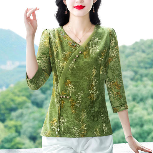 KQL B41N6588复古国风短袖翻领印花宽松显瘦修身大码上衣 商品图2