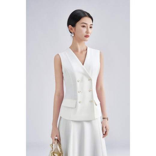 米思阳2026春季老钱风极简双排扣无袖马甲修身显瘦白色外套女4340 商品图2