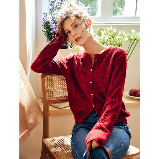 欧芮儿法式酒红色针织毛衣开衫女秋季2025新款复古外套新年慵懒风 商品图2