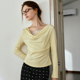 OLrain欧芮儿黄色荡领法式T恤女秋季2025新款辣妹修身显瘦打底衫