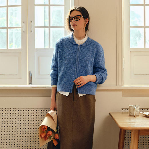 OLrain欧芮儿2025新款女秋季休闲蓝色小翻领拉链毛针织开衫羊毛衣 商品图0