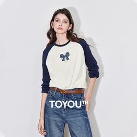 TOYOUTH初语牛仔蝴蝶结T恤女撞色插肩袖减龄休闲上衣