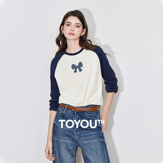 TOYOUTH初语牛仔蝴蝶结T恤女撞色插肩袖减龄休闲上衣 商品图0