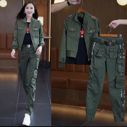 工装裤套装新款迷彩服套装女短外套迷彩工装长裤修身水兵舞服秋装 商品图3