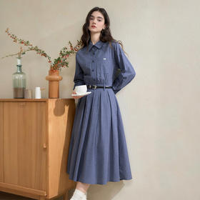 西遇学院风减龄蓝色格纹长袖衬衫连衣裙女秋季收腰百褶中长裙V2551136