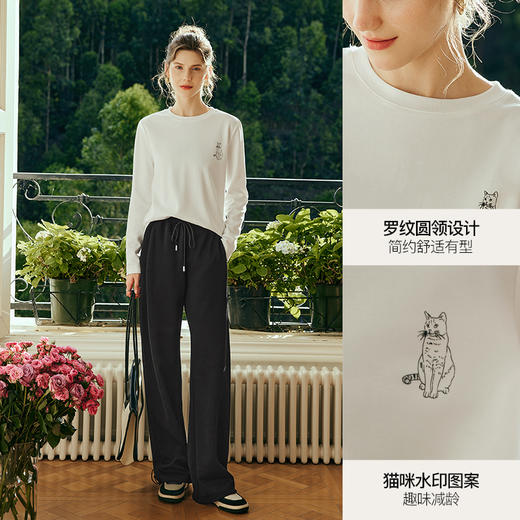 OLrain欧芮儿法式白色长袖T恤女秋季2025年新款宽松趣味水印上衣 商品图0