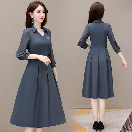 QYM 23015-Y气质优雅纯色连衣裙衬衣领高腰百褶裙 商品图2