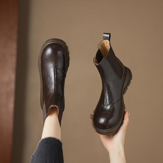 阿么手工女鞋复古短筒切尔西靴2025新款真皮透气百搭时尚短靴3CM 商品图2