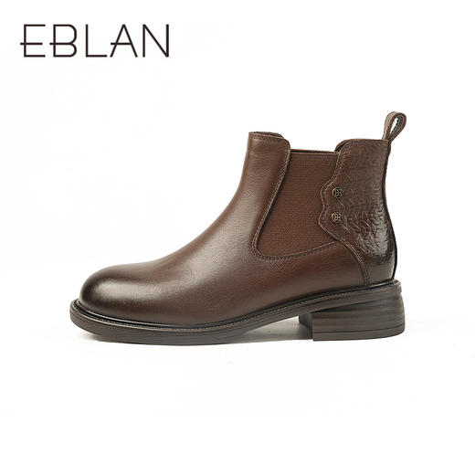 伊伴头层牛皮鞋面靴身拼接复古压花英伦风切尔西靴B25590016 商品图2