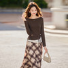 HR ABS25152法式复古老钱风套装一字领针织拼接上衣格子半身裙两件套 商品缩略图1