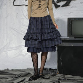 荒诞格纹拼接荷叶边中裙-纪念日百货门店同款165043535