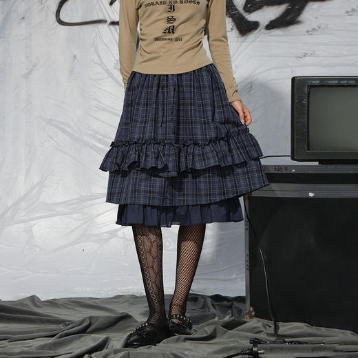 荒诞格纹拼接荷叶边中裙-纪念日百货门店同款165043535 商品图0