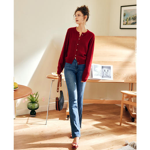 欧芮儿法式酒红色针织毛衣开衫女秋季2025新款复古外套新年慵懒风 商品图3