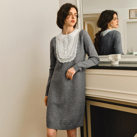 OLrain欧芮儿2025新款女秋季灰色法式蕾丝花边拼接直筒毛织连衣裙 商品图0