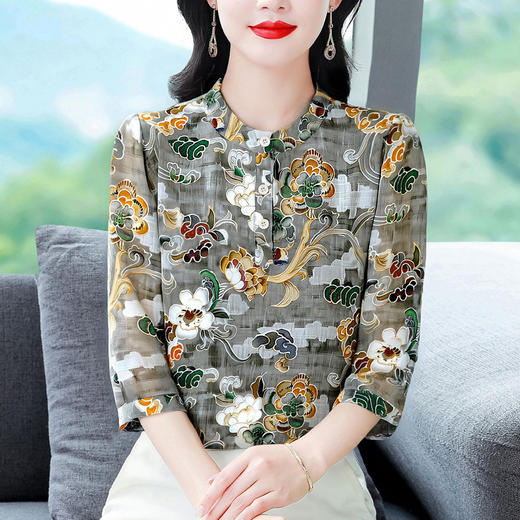 KQL B41N6585气质国风印花衬衫优雅宽松显瘦透气小衫 商品图0