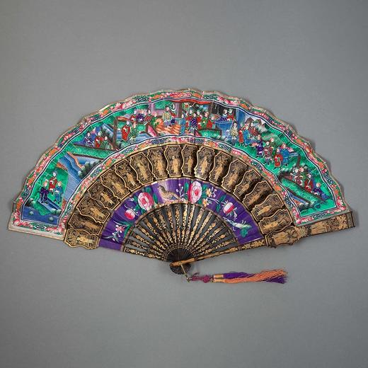 独角鹿西洋古董1850年代中国广东十三行出品人物纹黑漆描金竹扇骨装饰花鸟官邸主题纸本彩绘双扇面折扇 商品图0