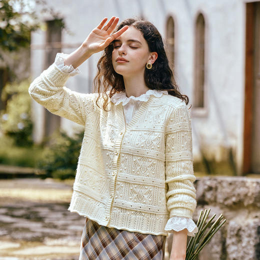 OLrain欧芮儿法式镂空毛织开衫秋季2025新款百搭简约休闲羊毛上衣 商品图0