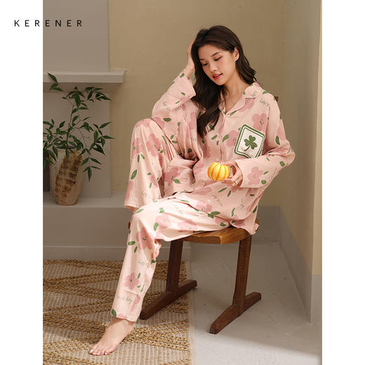 可人儿春秋季带bra泡泡绵女士长袖长裤睡衣可外出小众家居服套装 商品图2