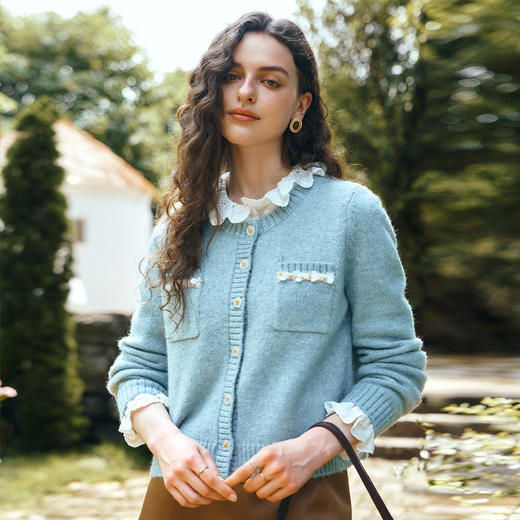 OLrain欧芮儿2025新款女秋季法式小香风蓝色毛织开衫圆领羊毛上衣 商品图2