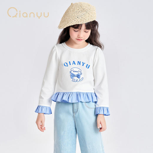 笛莎千与2025秋季新款女童时尚设计感拼接荷叶边长袖T恤 商品图2