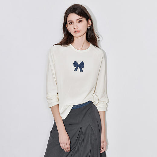 TOYOUTH初语牛仔蝴蝶结T恤女撞色插肩袖减龄休闲上衣 商品图2